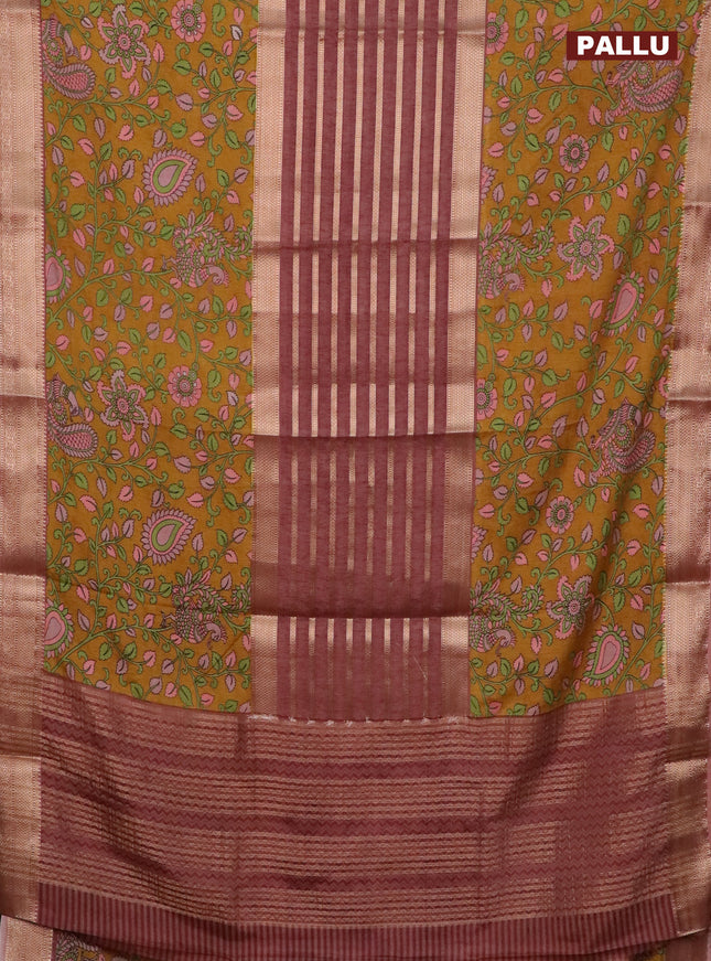 Semi crepe saree pastel brown and mustard yellow with zari stripes & kalamkari prints and zari woven border