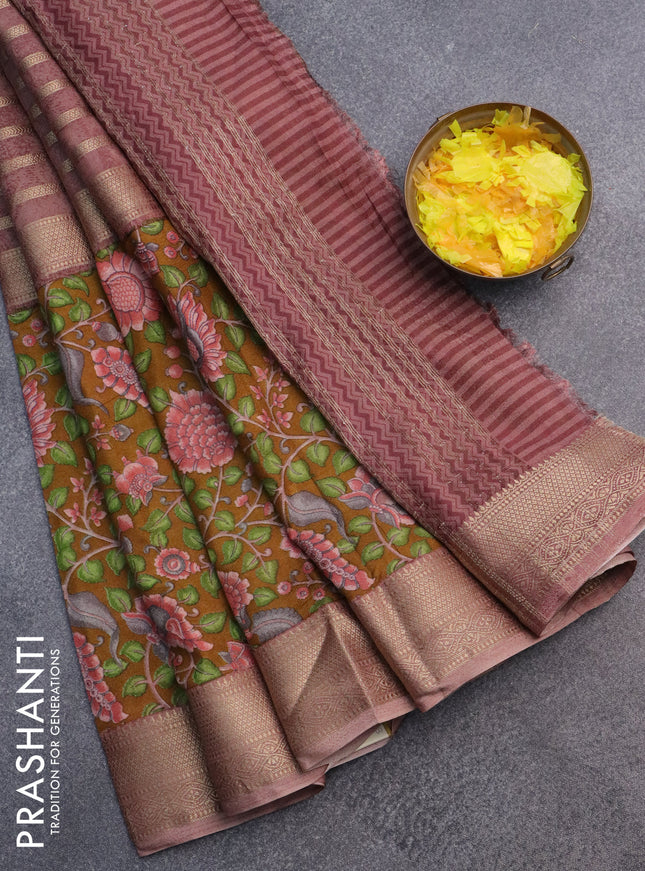 Semi crepe saree dark mustard and pastel brown with zari stripes & kalamkari prints and zari woven border