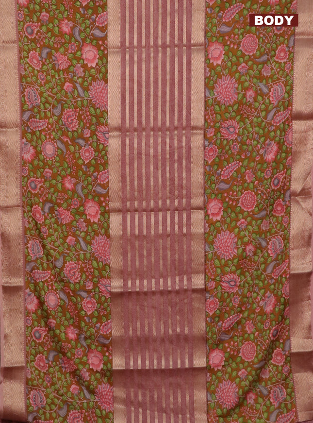 Semi crepe saree dark mustard and pastel brown with zari stripes & kalamkari prints and zari woven border