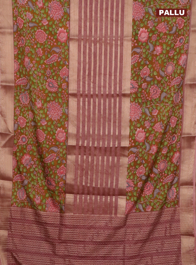 Semi crepe saree dark mustard and pastel brown with zari stripes & kalamkari prints and zari woven border