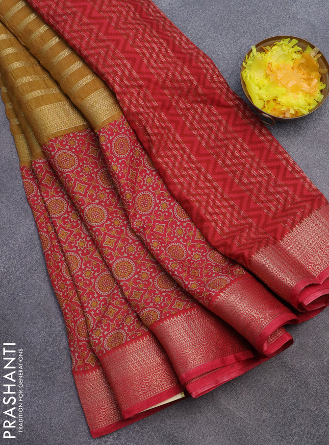 Semi crepe saree red shade and dark mustard with zari stripes & kalamkari prints and zari woven border