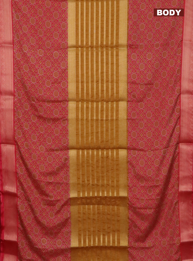 Semi crepe saree red shade and dark mustard with zari stripes & kalamkari prints and zari woven border
