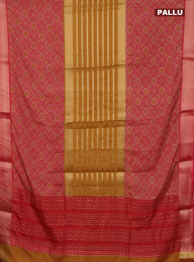 Semi crepe saree red shade and dark mustard with zari stripes & kalamkari prints and zari woven border
