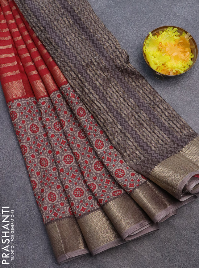 Semi crepe saree grey and red with zari stripes & kalamkari prints and zari woven border