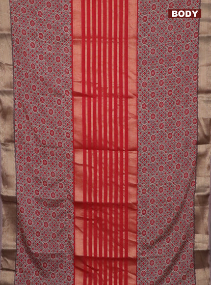 Semi crepe saree grey and red with zari stripes & kalamkari prints and zari woven border