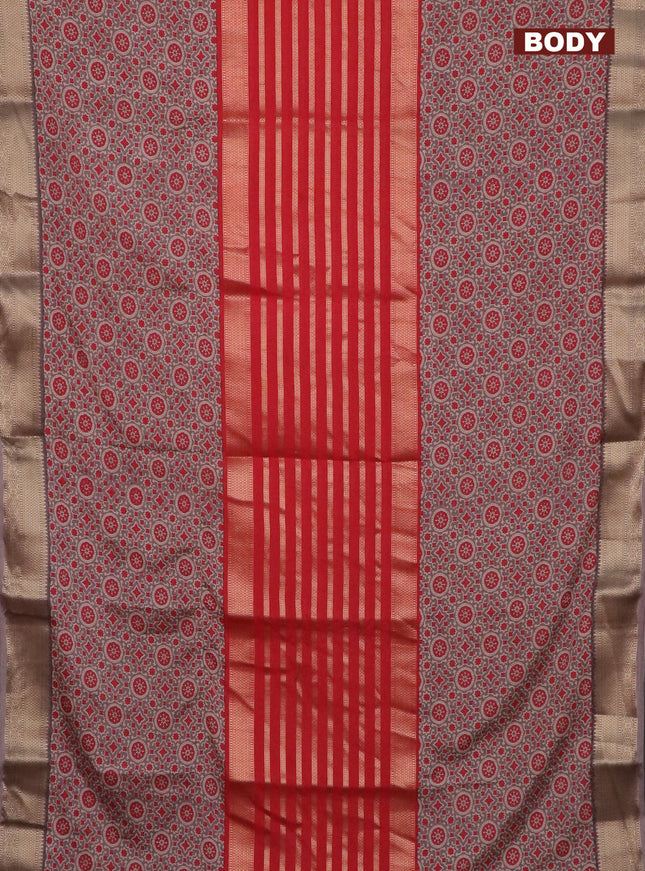 Semi crepe saree grey and red with zari stripes & kalamkari prints and zari woven border