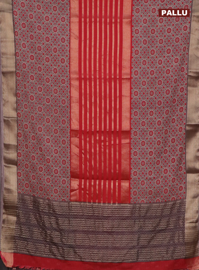Semi crepe saree grey and red with zari stripes & kalamkari prints and zari woven border