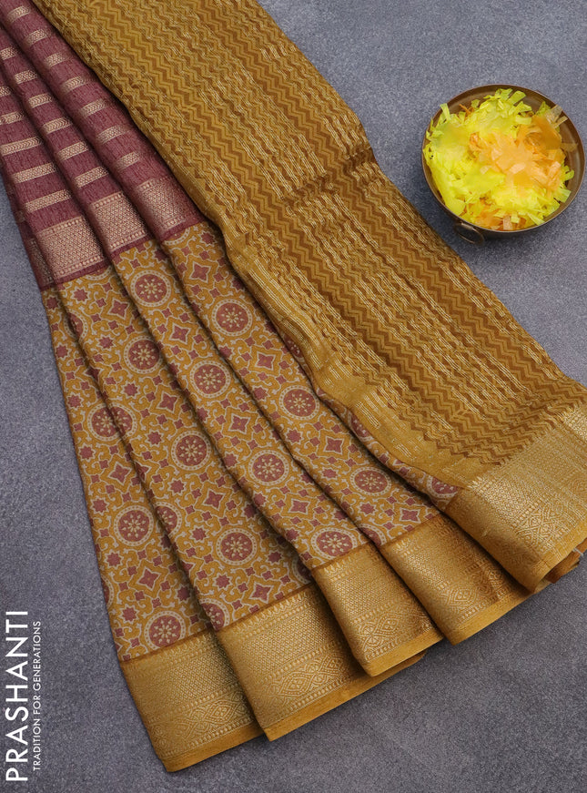 Semi crepe saree mustard yellow and rosy brown with zari stripes & kalamkari prints and zari woven border