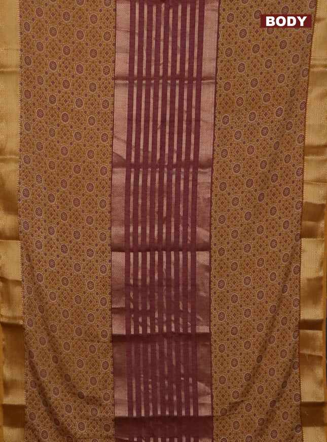 Semi crepe saree mustard yellow and rosy brown with zari stripes & kalamkari prints and zari woven border