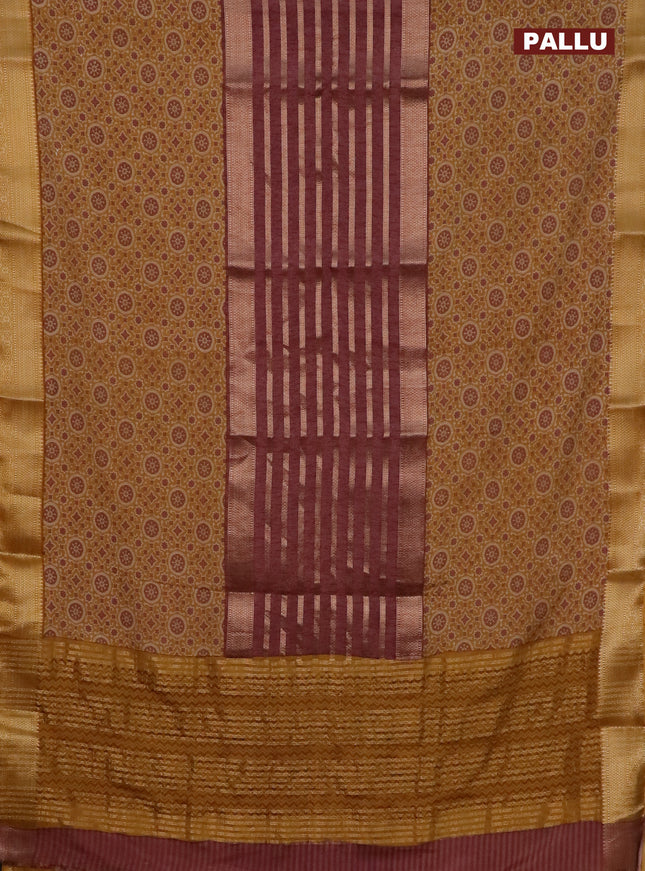 Semi crepe saree mustard yellow and rosy brown with zari stripes & kalamkari prints and zari woven border
