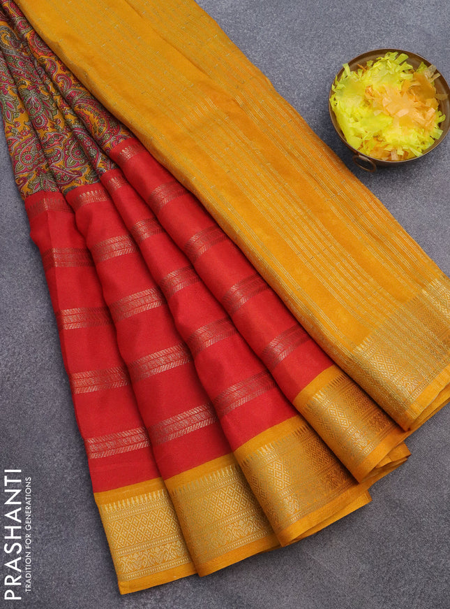 Semi crepe saree red and mango yellow with prints & zari stripes and zari woven border