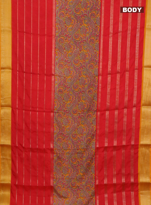 Semi crepe saree red and mango yellow with prints & zari stripes and zari woven border