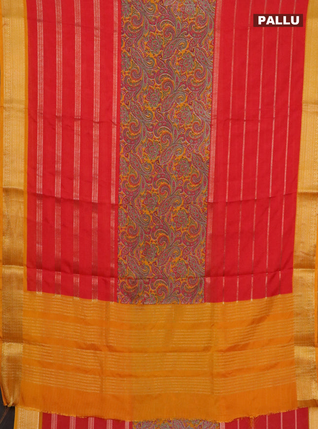 Semi crepe saree red and mango yellow with prints & zari stripes and zari woven border