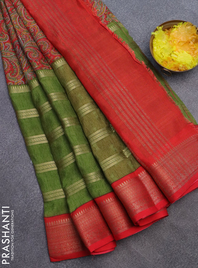 Semi crepe saree green and red with prints & zari stripes and zari woven border