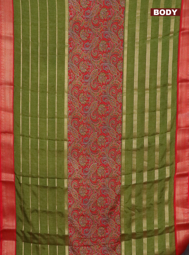 Semi crepe saree green and red with prints & zari stripes and zari woven border