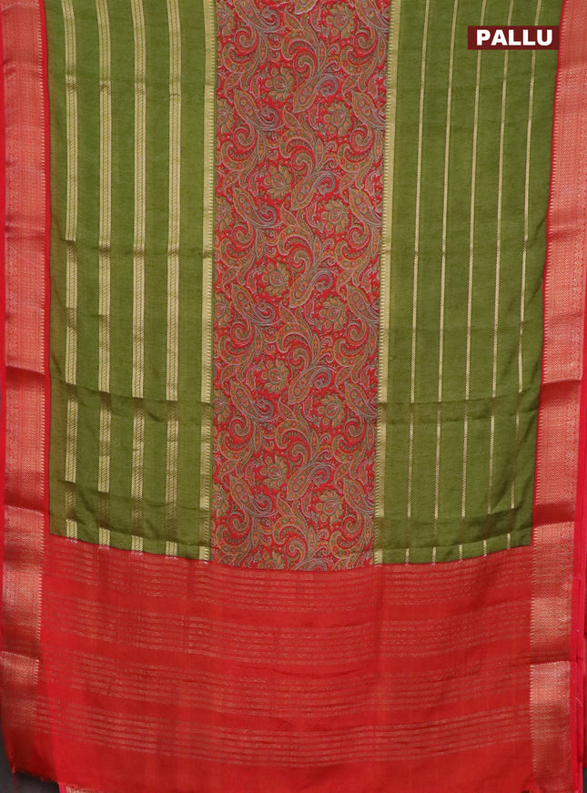Semi crepe saree green and red with prints & zari stripes and zari woven border