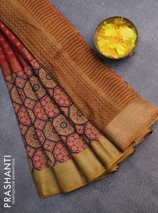 Semi crepe saree orange black and dark mustard with zari stripes & ajrakh prints and zari woven border