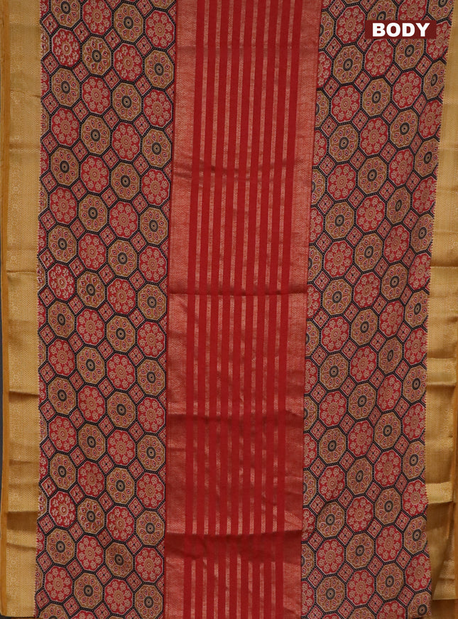 Semi crepe saree orange black and dark mustard with zari stripes & ajrakh prints and zari woven border