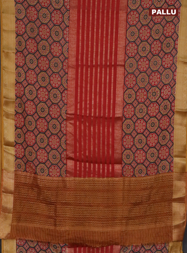 Semi crepe saree orange black and dark mustard with zari stripes & ajrakh prints and zari woven border