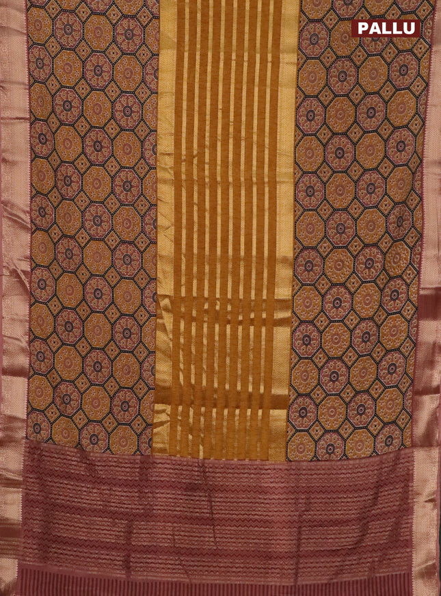 Semi crepe saree mustard yellow black and pastel brown with zari stripes & ajrakh prints and zari woven border