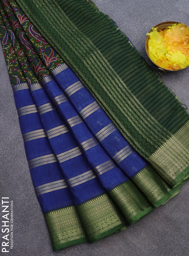 Semi crepe saree blue and green with paisley prints & zari stripes and zari woven border