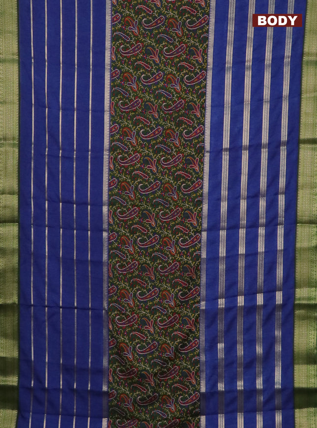 Semi crepe saree blue and green with paisley prints & zari stripes and zari woven border