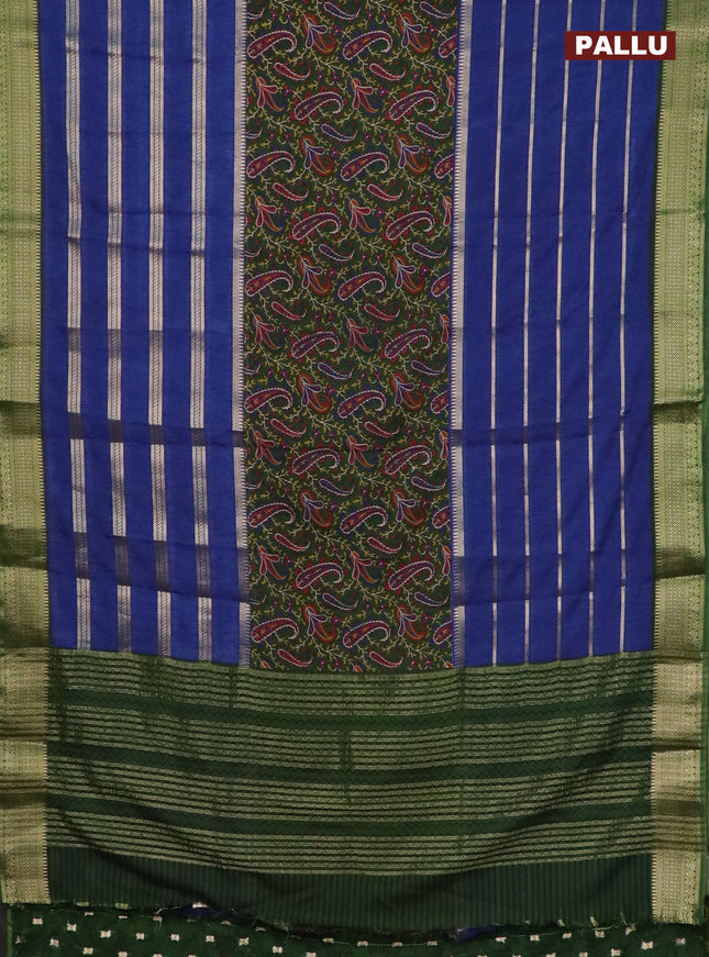 Semi crepe saree blue and green with paisley prints & zari stripes and zari woven border