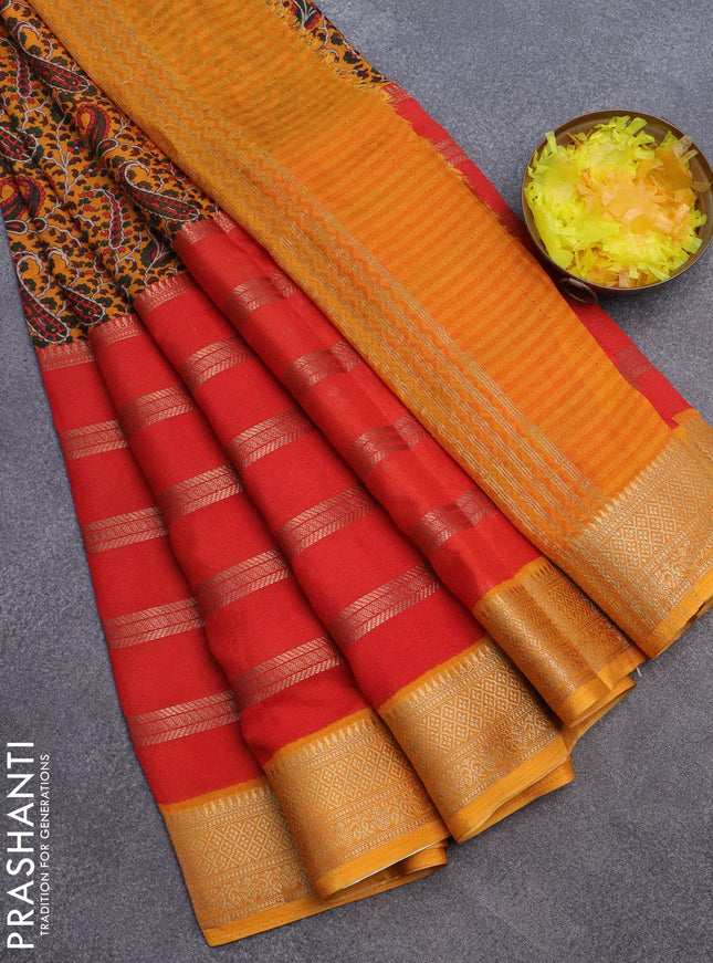 Semi crepe saree red and mango yellow with paisley prints & zari stripes and zari woven border