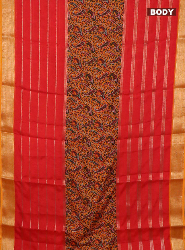Semi crepe saree red and mango yellow with paisley prints & zari stripes and zari woven border
