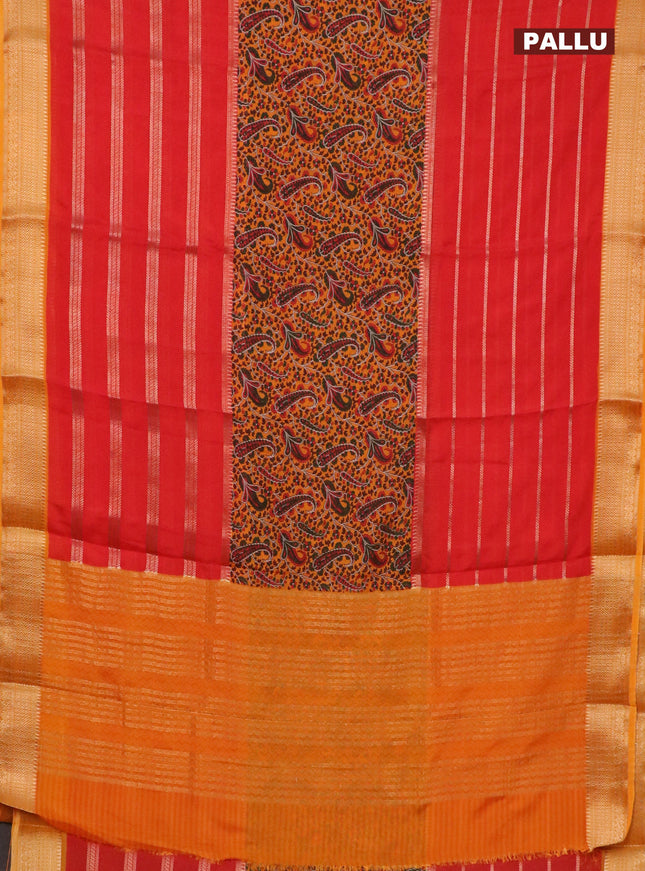 Semi crepe saree red and mango yellow with paisley prints & zari stripes and zari woven border