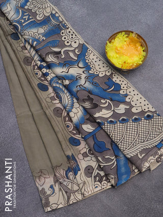 Kalamkari semi silk partly saree grey shade and cream with plain body and printed border