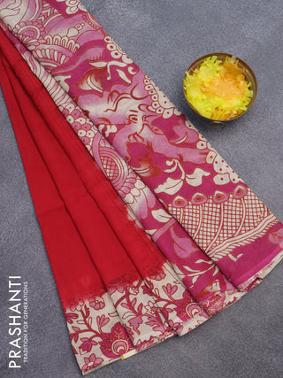 Kalamkari semi silk partly saree red and cream with plain body and printed border