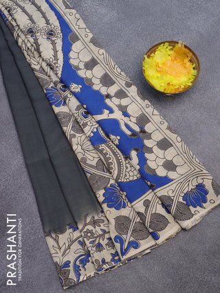 Kalamkari semi silk partly saree grey and cream with plain body and printed border