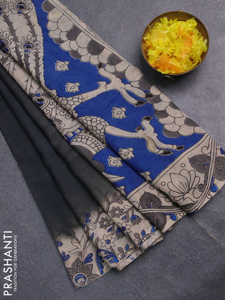 Kalamkari semi silk partly saree elephant grey and cream with plain body and printed border