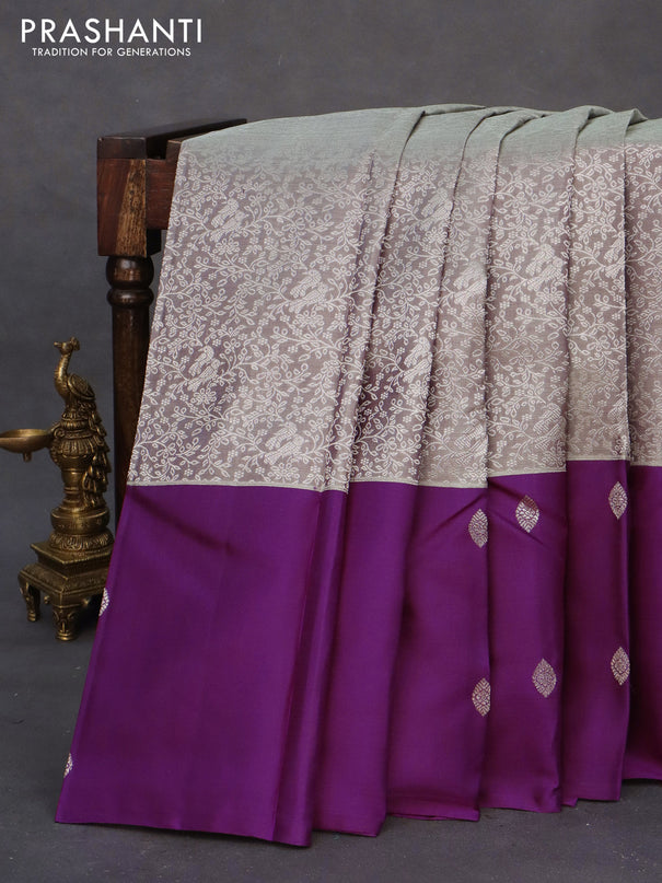 Pure kanchipuram silk saree dual shade of grey and purple with allover silver zari woven brocade weaves and long silver zari woven butta border