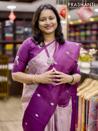 Pure kanchipuram silk saree dual shade of grey and purple with allover silver zari woven brocade weaves and long silver zari woven butta border