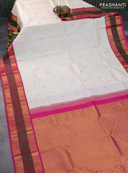 Pure kanchipuram silk saree off white and pink with zari woven buttas and rettapet zari woven border