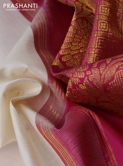 Pure kanchipuram silk saree off white and pink with zari woven buttas and rettapet zari woven border