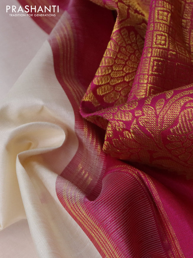 Pure kanchipuram silk saree off white and pink with zari woven buttas and rettapet zari woven border