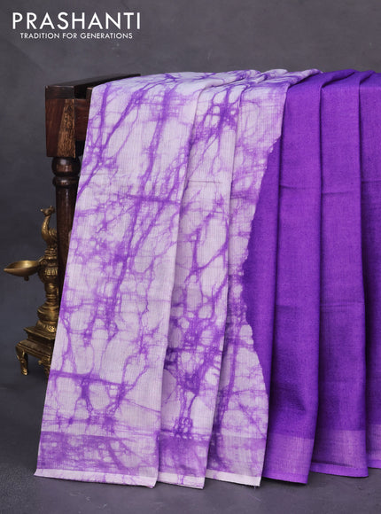 Linen cotton partly saree lavender with plain body & batik prints and silver zari woven border