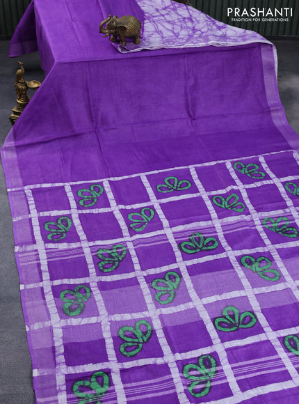 Linen cotton partly saree lavender with plain body & batik prints and silver zari woven border