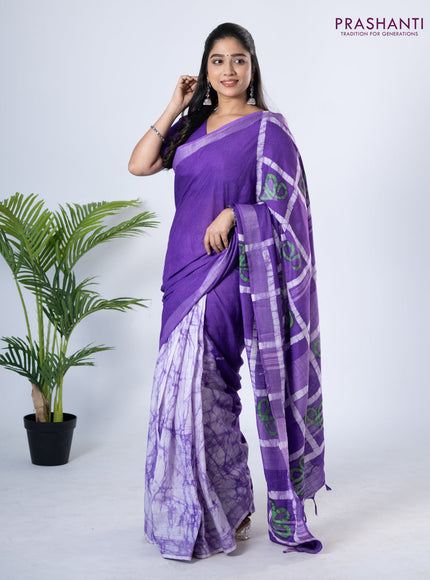Linen cotton partly saree lavender with plain body & batik prints and silver zari woven border