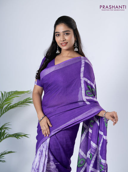 Linen cotton partly saree lavender with plain body & batik prints and silver zari woven border