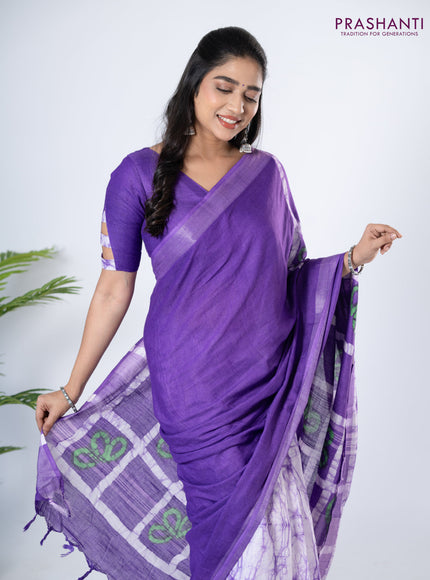 Linen cotton partly saree lavender with plain body & batik prints and silver zari woven border