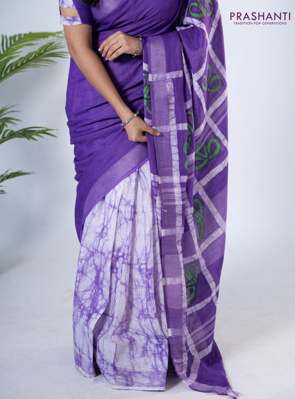 Linen cotton partly saree lavender with plain body & batik prints and silver zari woven border