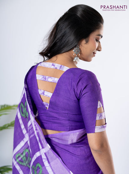 Linen cotton partly saree lavender with plain body & batik prints and silver zari woven border