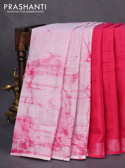 Linen cotton partly saree pink with plain body & batik prints and silver zari woven border