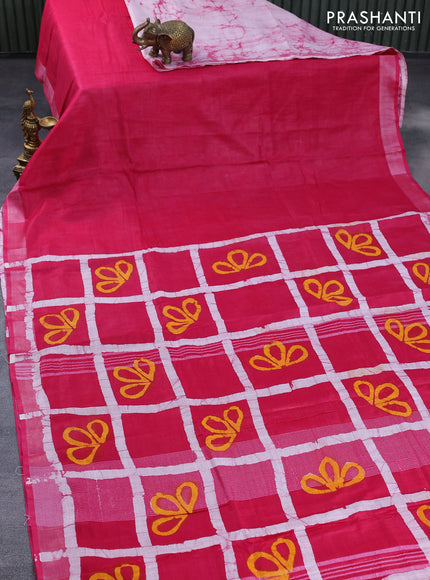 Linen cotton partly saree pink with plain body & batik prints and silver zari woven border
