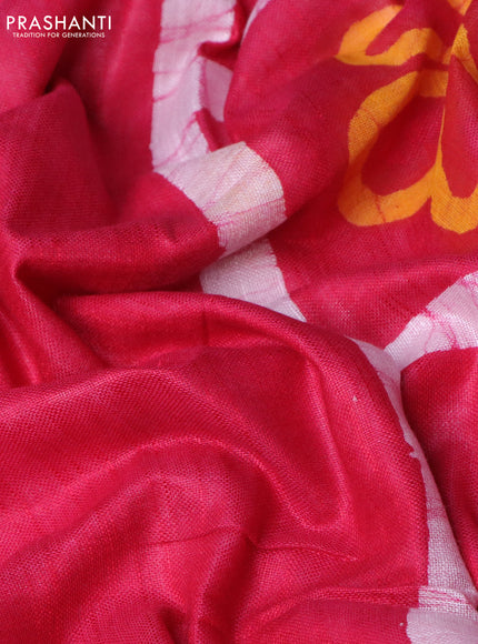 Linen cotton partly saree pink with plain body & batik prints and silver zari woven border