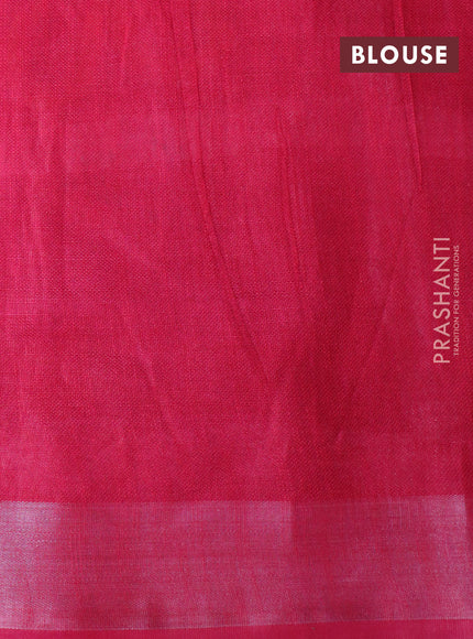 Linen cotton partly saree pink with plain body & batik prints and silver zari woven border